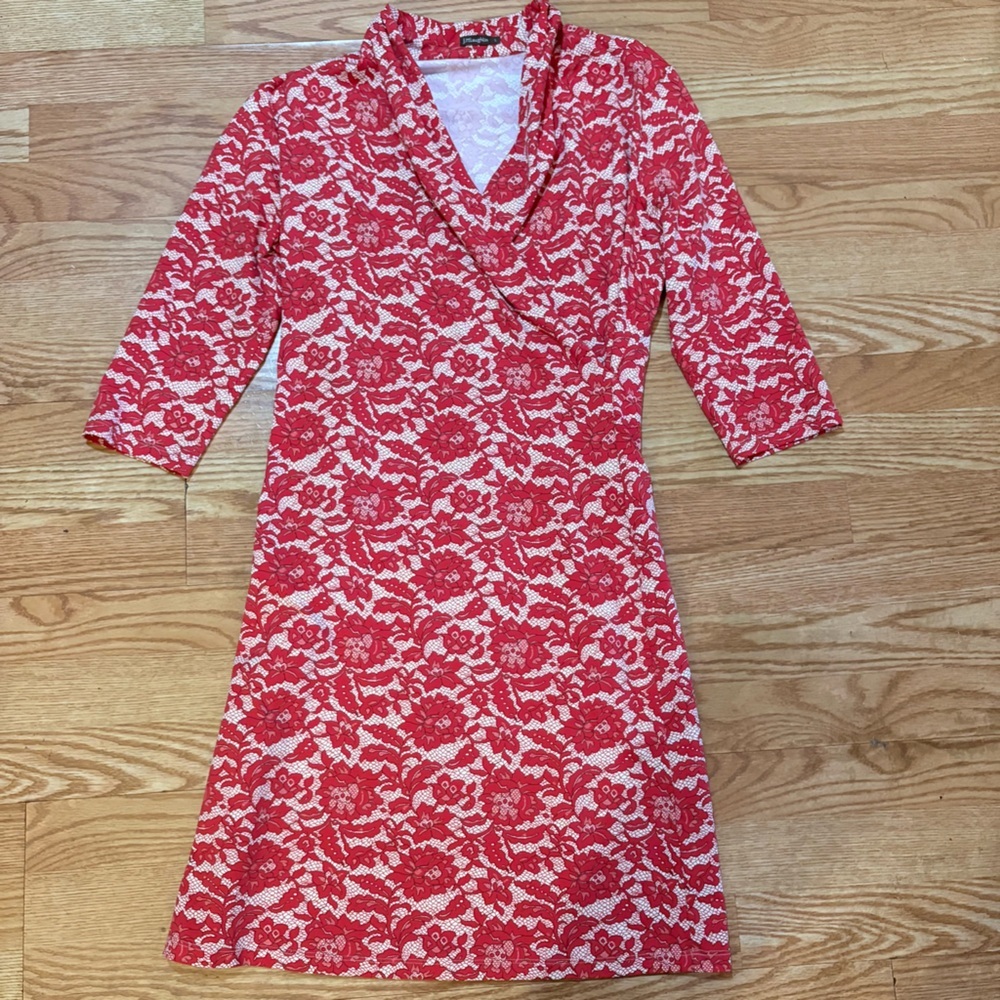 J. McLaughlin Red and White Lace-Pattern Midi Dress